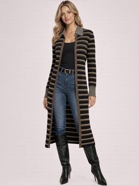 Free People Striped Longline Sweater Cardigan | Army Green, Blk & Wht | Size M